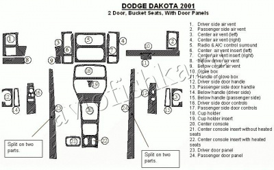 Декоративные накладки салона Dodge Dakota 2001-2001 2 двери, Bucket Seats, с дверные панели, 24 элементов.