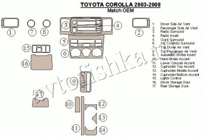 Декоративные накладки салона Toyota Corolla 2003-2008 Соответствие OEM
